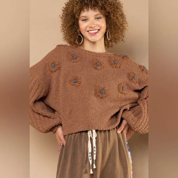 LAST ONE POL Brown Textured Knit Flower Patchwork Sweater Top - Picture 3 of 7